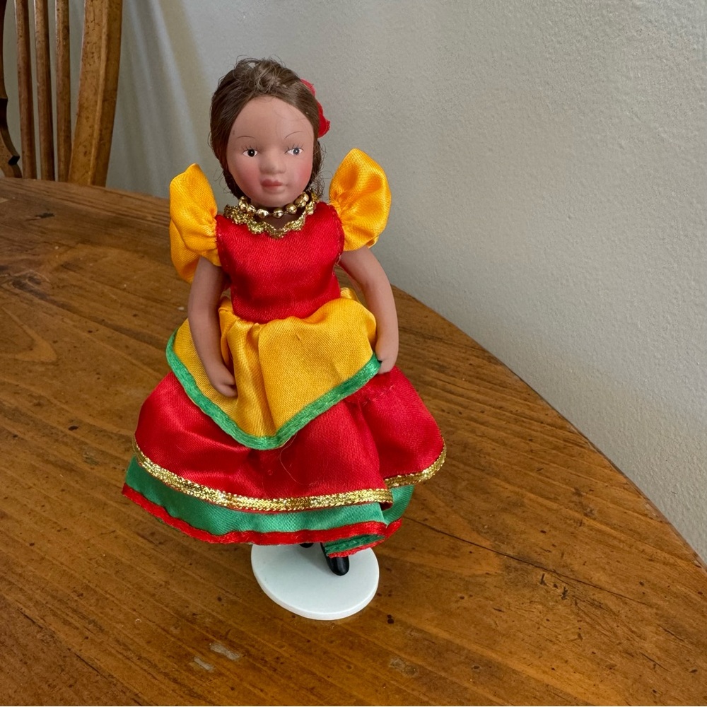 Porcelain Doll Salsa Dancer Red Yellow Green Dress